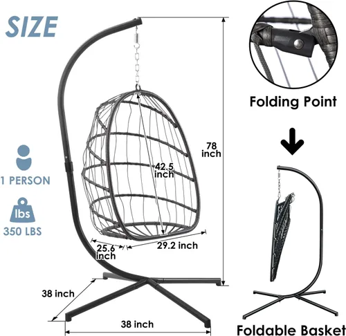 Miniatura 6 de Silla de huevo con soporte – Silla colgante de huevo de mimbre de ratán para dormitorio interior y exterior – Marco de aluminio resistente a la Azul