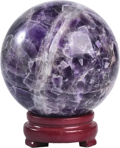 Miniatura 40 de JIC Gem Esfera grande de cristal Chevron de amatista con cristales curativos de curación con soporte de madera para meditación y decoración