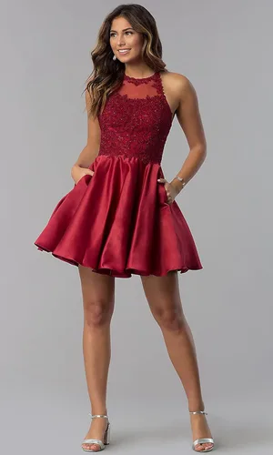 Miniatura 4 de WaterDress Vestidos cortos de satén con apliques de encaje y bolsillos, vestidos de cóctel para adolescentes WD029
