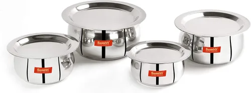 Miniatura 8 de Sumeet Juego de Ollas de Acero Inoxidable de 4 Piezas en Forma de Vientre/Utensilios de Cocina/Juego de Ollas con Tapa 380ML, 500ML, 780ML, 1.1Ltr