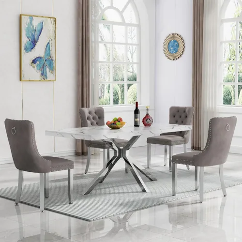 Miniatura 16 de HomVent Juego de mesa de comedor rectangular para 4, juego de mesa de cocina rectangular, juego de mesa de comedor de mármol sintético, juego