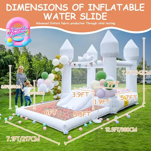 Miniatura 2 de Casa inflable saltarina blanca de 12.5 pies x 7.1 pies con tobogán y piscina de pelotas, juguetes para interiores y exteriores para niños activos