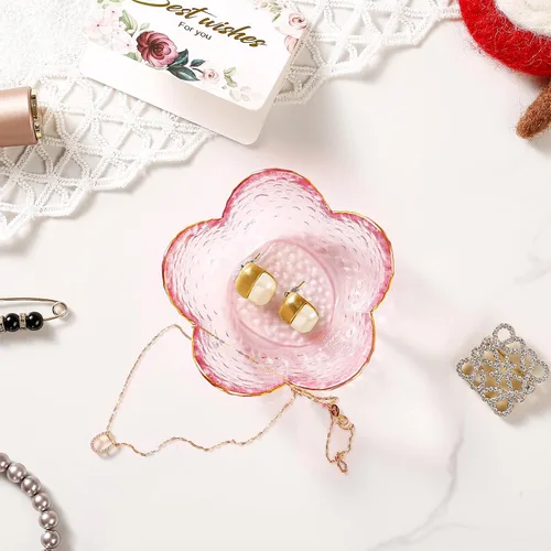 Miniatura 4 de Regalos para mujeres, plato para baratijas con flores, plato para joyería de vidrio rosa, soporte para anillos, bandeja de joyería, decoración