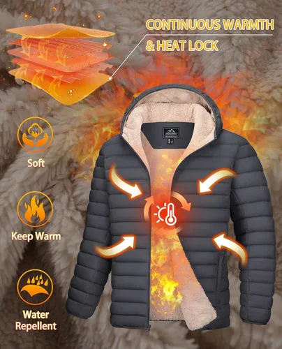 Miniatura 8 de MAGCOMSEN Chaqueta acolchada para hombre con capucha, forro de vellón, chaqueta térmica resistente al agua, chaqueta de plumón con cremallera