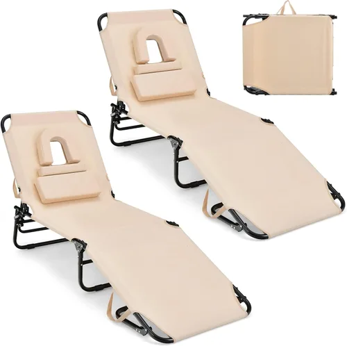 Miniatura 14 de GYMAX Silla de bronceado, silla de playa de 350 libras con agujero para la cara, almohada lavable y correa de transporte, tumbona plegable