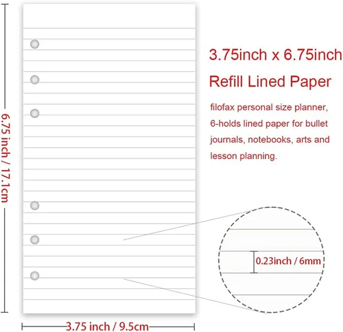 Miniatura 2 de Papel de repuesto rayado A6, 100 hojas/200 páginas, hojas sueltas para carpetas Filofax Person, 6 agujeros perforados, papel de relleno blanco