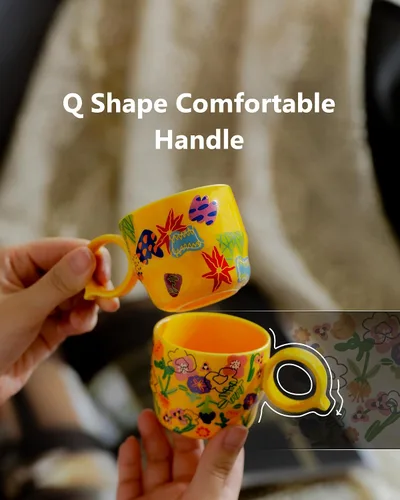 Miniatura 6 de Juego de 2 Tazas de Espresso Mini de Cerámica – 3 oz Tazas de Café Espresso Dobles con Asa en Q, Patrón Floral y de Frutas Amarillo, Pequeñas Tazas
