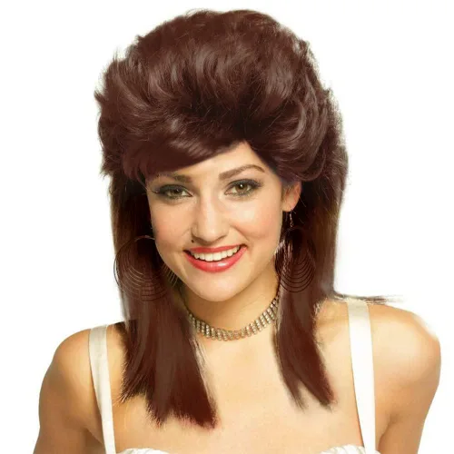 Miniatura 33 de Swiking Pelucas negras de salmonete para mujer, rizado hasta el hombro, pelo esponjoso de los años 70 y 80, Rocker Party Cosplay Pelucas sintéticas