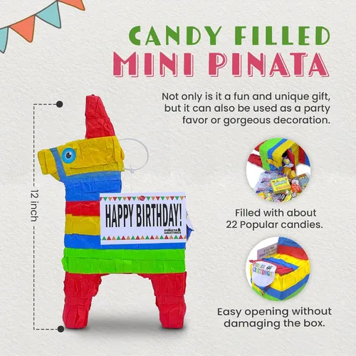 Miniatura 3 de Bonita piñata de burro de 12 pulgadas prerellena con cantidades variadas de caramelos populares y etiqueta de mensaje adjunta para amigos, familia