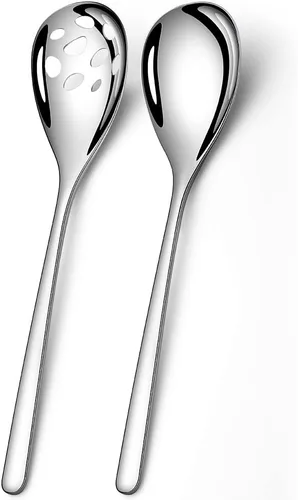 Juego de 2 cucharas de servir, cucharas sólidas y ranuradas de acero inoxidable de 9.4 pulgadas, utensilios de cocina extra grandes y resistentes