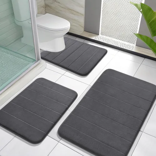 Miniatura 22 de Yimobra Juego de 3 tapetes de baño de espuma viscoelástica con alfombra de inodoro en forma de U, antideslizantes, súper suaves, absorbentes, de Gris