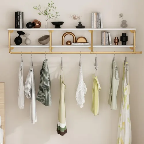Miniatura 2 de ORSENIGO - Perchero Industrial de Tubo con Estantes, Perchero de Ropa Dorado Montado en Pared para Hogar y Venta Minorista