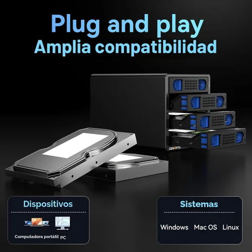 Miniatura 6 de CENMATE Caja de disco duro de 4 bahías con ventilador de enfriamiento para HDD/SSD SATA de 2.5/3.5" con cable USB A/C 3.0, Caja de disco duro sin