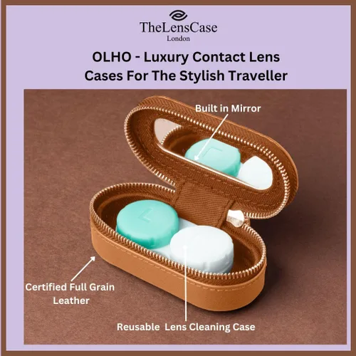 Miniatura 2 de Funda de piel de lujo para lentes de contacto de viaje, (para lentes de contacto reutilizables), cuero de grano completo certificado con espejo