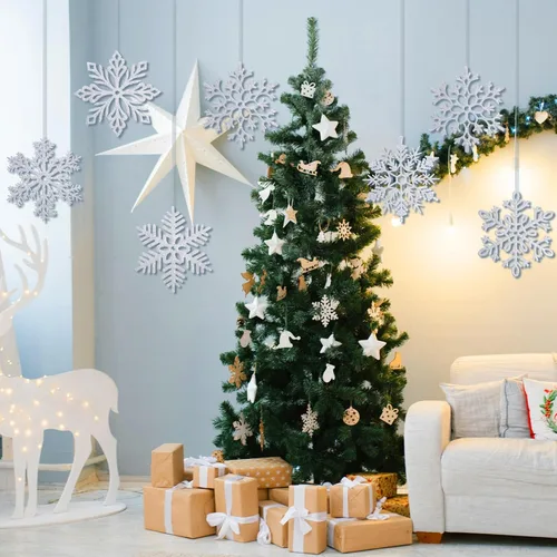 Miniatura 5 de Sratte Paquete de 24 adornos de copos de nieve grandes con purpurina de 12 pulgadas, decoración gigante de plástico para colgar en invierno, Plata