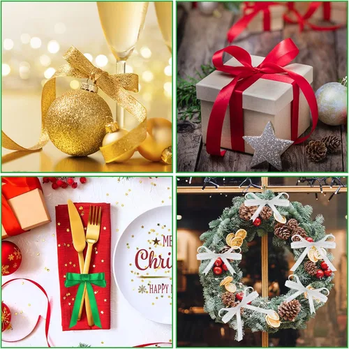 Miniatura 7 de DECYOOL - Cinta de Navidad, 4 rollos de 100 yardas de cintas navideñas para envolver regalos (0.6 in de ancho, rojo, verde, dorado y plateado)