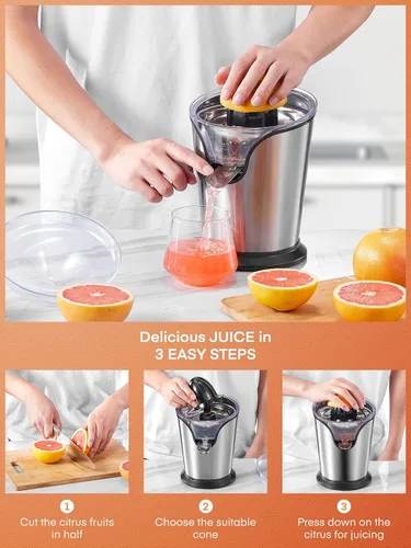 Miniatura 4 de FOHERE Exprimidor de Jugo de Naranja Exprimidor Eléctrico de Cítricos con Dos Conos Intercambiables Adecuado para Naranja, Limón y Pomelo, Acero