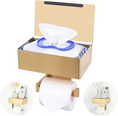 Miniatura 9 de Soporte de papel higiénico adhesivo con estante y almacenamiento, juego de soporte de rollo de papel higiénico montado en la pared y dispensador