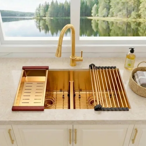 Miniatura 6 de Fregadero de Cocina Dorado Bajo Encimera 32 X 18 Pulgadas, Fregaderos de Cocina de Doble Tazón, Fregadero Bajo Encimera de Acero Inoxidable Calibre