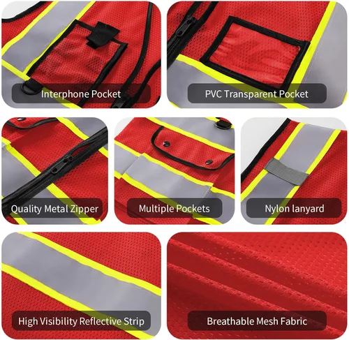 Miniatura 5 de Custom Logo Safety Vest High Visibility Reflective Vest Class 2 Standard with Pockets and Zipper K-rojo-1pack-personalizado