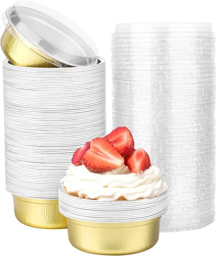 Miniatura 38 de Beasea Ramequines con tapas, 8oz 50 unidades de tazas de aluminio desechables para hornear, tazas de papel de aluminio plateado para creme brulee