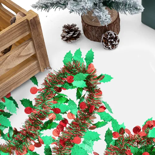 Miniatura 7 de Guirnalda de Oropel de Navidad de 33 Pies, Guirnalda de Oropel Metálico Trenzado Rojo Verde con Ornamentos de Bayas y Hojas, Decoración Colgante