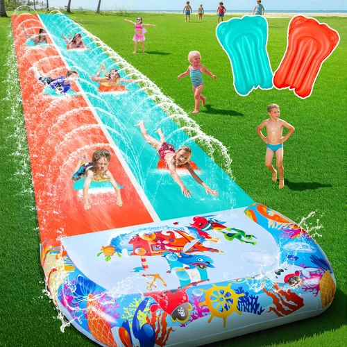 Toboganes de agua dobles y toboganes acuáticos de 46 pies para niños y adultos, toboganes de agua extralargos con 2 bodyboards, resistentes,