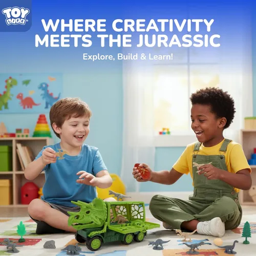 Miniatura 4 de TOY Life Camión de Dinosaurio Jurásico con Pista y Luces y Sonidos, Juguetes de Dinosaurio Triceratops para Niños de 3 a 5, Juego de Transporte