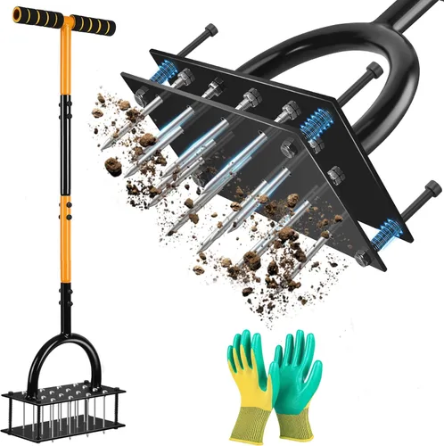 Aireador de césped, herramienta aireadora de césped con base de resorte de 16 picos y guantes premontados, herramienta de aireación manual de patio,