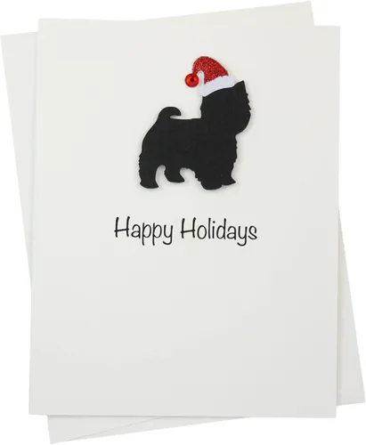 Miniatura 9 de Black Doodle Bernedoodle - Tarjetas de Navidad (10 unidades), hechas a mano, base blanca, perro con sombrero de Papá Noel Negro