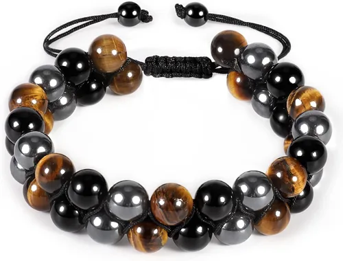 Denchy Triple Protection Bracelet, Tigers Eye - Black Obsidian and Hematite Beaded Bracelets for Men Women, Tourmaline Spiritual Natural Crystal