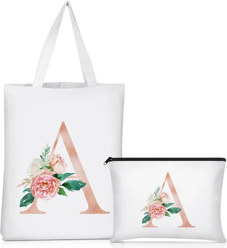 Miniatura 7 de Sanwuta 2 bolsas de lona con inicial, diseño floral con letras florales, bolsas de cosméticos de viaje, bolsas con monograma para mujer, mujer