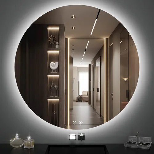 Miniatura 12 de Espejo de baño LED redondo de 28 pulgadas, retroiluminación de luz diurna de 6000 K, antivaho y regulable, espejo impermeable sin marco con control