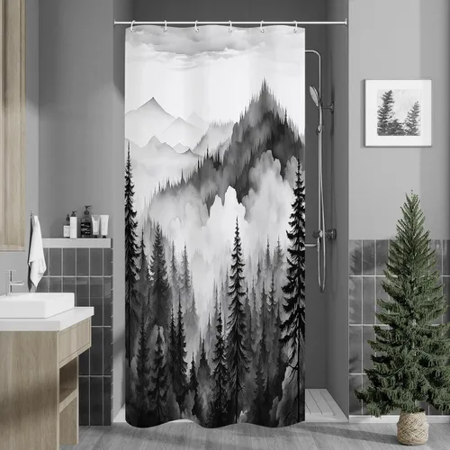Litabel - Cortina de ducha negra pequeña de 36 x 72 pulgadas, diseño de bosque de pino neblinoso, cortinas de ducha estrechas de medio tamaño para