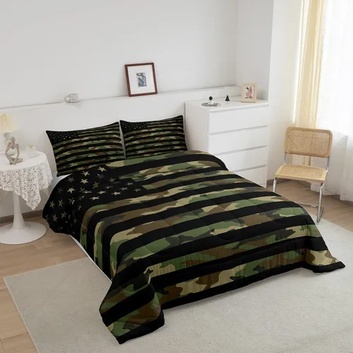 Miniatura 2 de Feelyou Juego de edredón de camuflaje del ejército con bandera estadounidense, decoración militar, camuflaje verde selva, bandera de Estados Unidos