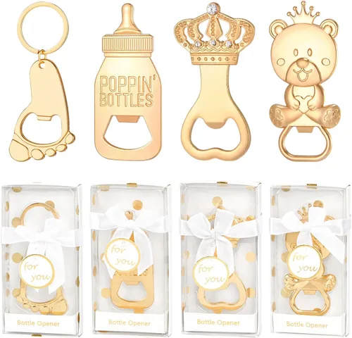 Miniatura 9 de Abrebotellas de bebé, 24 piezas, llavero con huella de oso y niño, abrebotellas con caja de regalo azul, recuerdos de fiesta de baby shower