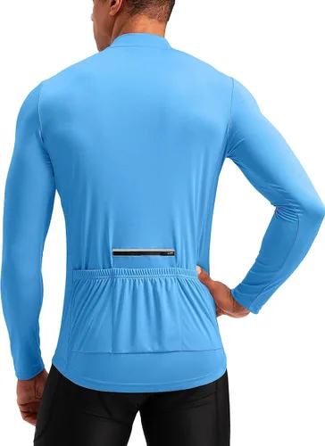Bikewa Maillot de ciclismo para hombre con 3+1 bolsillos traseros con cremallera, manga larga, absorción de humedad, UPF 50+ media cremallera