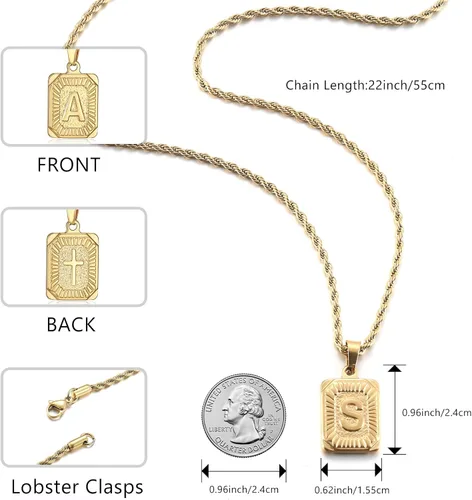 Miniatura 5 de SKQIR Collares de letra inicial para hombre, chapado en acero inoxidable, collar de letra pandent cuadrada A Z para mujer, collar de cruz