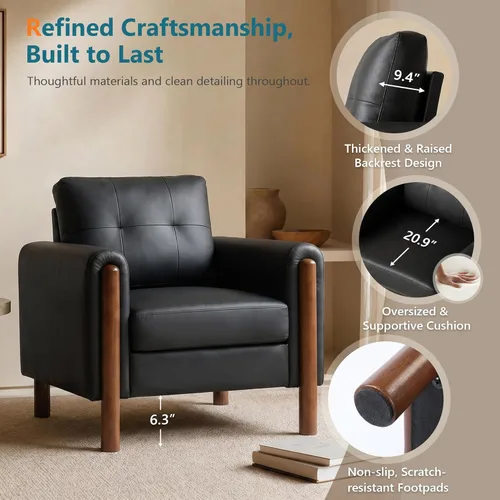 Miniatura 5 de STHOUYN 35" Black Leather Oversized Accent Chair with Wood Armrests, Mid-Century Modern Tufted Living Room Chair, Comfy Reading Sofa Chair with