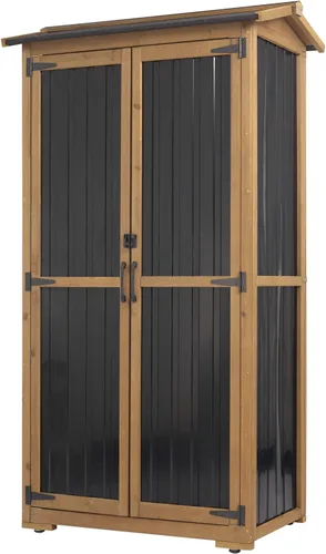 Miniatura 12 de Ketive Gabinete de almacenamiento para exteriores, armario alto de jardín para herramientas con techo resistente a la intemperie, puertas con doble