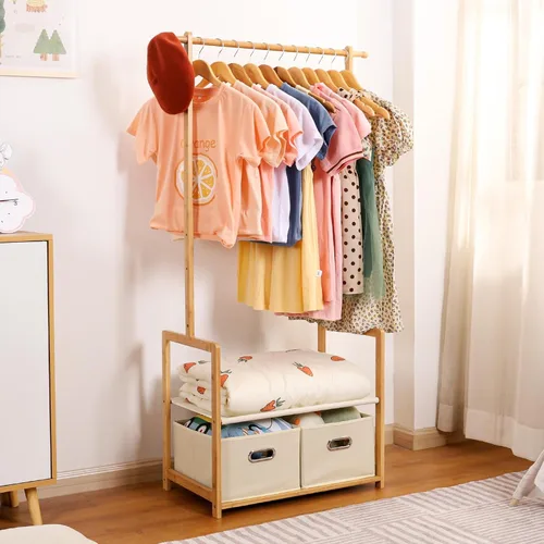 Miniatura 8 de Perchero de bambú para niños con 2 cestas de almacenamiento y 2 varillas ajustables para colgar, soporte para ropa infantil con estante, estantes