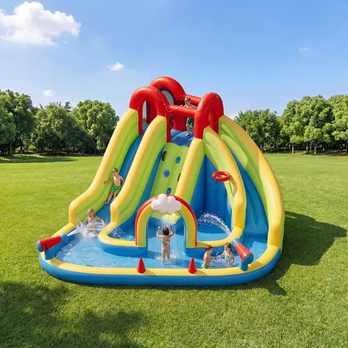 Miniatura 11 de Tobogán acuático inflable para patio trasero de niños con soplador de 450 W, castillo de salto con tobogán de agua, parque acuático para actividades