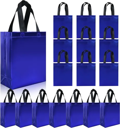 cabzymx 18 bolsas de regalo pequeñas azul brillante, 8 x 3.9 x 9.8 pulgadas, bolsa de regalo reutilizable a granel con base resistente, bolsas de