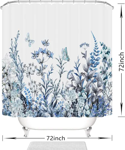 Miniatura 7 de Cortina de ducha floral, juego de cortina de ducha con flores azules, cortinas de ducha botánicas de flores silvestres para baño, tela impermeable
