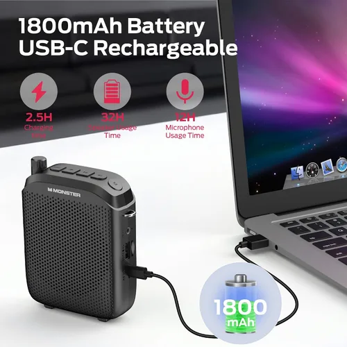 Miniatura 7 de Monster Amplificador de voz Phonic 20, amplificador de voz portátil de 15 W para profesores, altavoz Bluetooth 6.0 PA con micrófono con cable