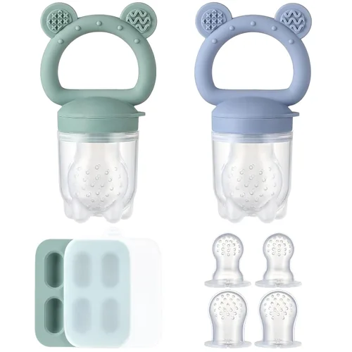 Paquete de 2 alimentadores de frutas de silicona para bebés con mini bandeja para congelador, moldes de paletas de leche materna para aliviar la