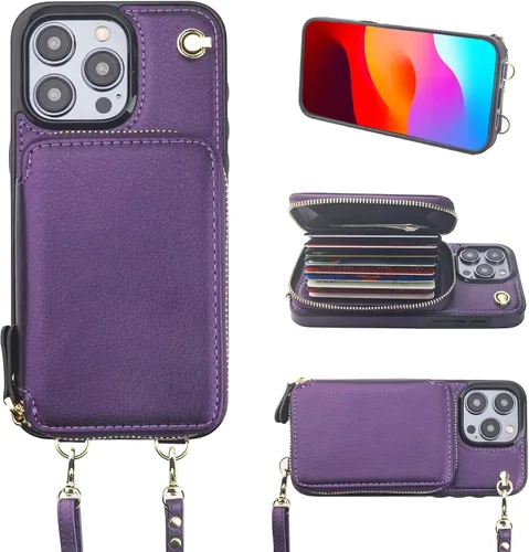 Miniatura 9 de Bocasal Funda tipo cartera cruzada para iPhone 15 Pro Max, funda de piel con bloqueo RFID y soporte para tarjetas, funda protectora con cremallera