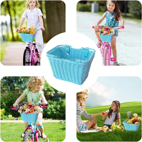 Miniatura 5 de Cesta de bicicleta para niños y niñas, cesta de scooter para niños, bonita cesta cuadrada de mimbre para niños y niñas, manillar desmontable con Azul