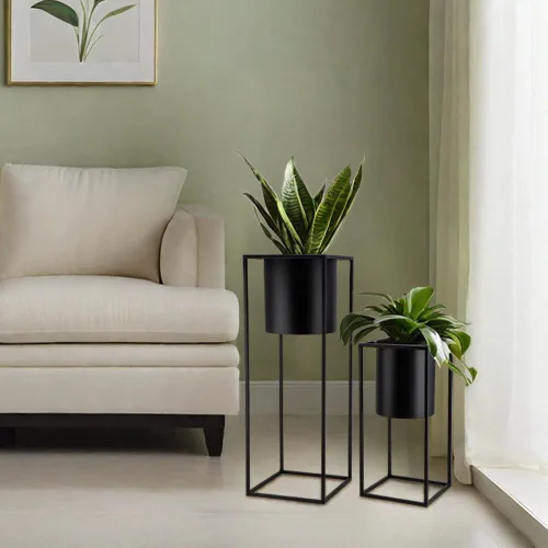 Miniatura 7 de TRIROCKS Juego de 2 macetas grandes de metal con soporte para plantas de interior de 28 y 18 pulgadas de alto para sala de estar, esquina, cocina
