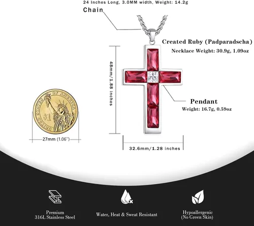 Miniatura 21 de Collar de cruz para hombre, piedras preciosas de color piedra natal de circonita cúbica, collar de acero inoxidable para hombre, cadena de 24